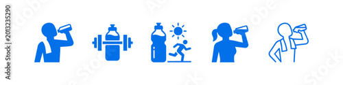 Fotografie Set of blue icons representing hydration and fitness, featuring people drinking water, dumbbells, and running under the sun