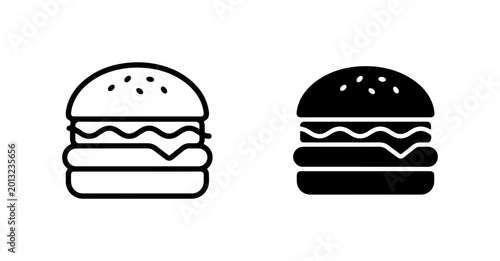 Burger Icons, Hamburger Vector Graphics, Fast Food Symbols, Simple Outline and Silhouette Designs for Menus and Apps