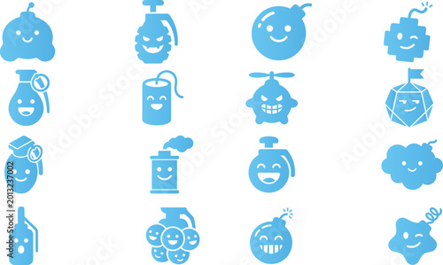 Photos Collection of twelve blue cartoon bomb and explosive icons with happy funny faces on white background