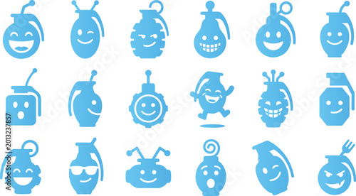 Bild auf Leinwand Funny blue grenade icons with expressive cartoon faces, conveying emotions like joy, surprise and mischief playfully