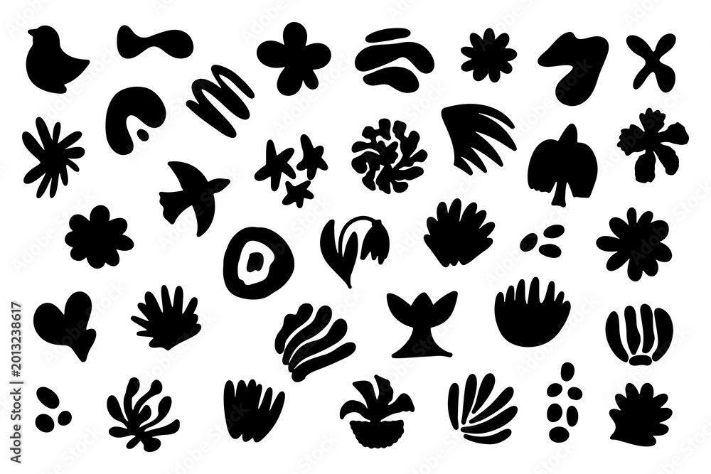 Fototapeta premium Abstract organic shapes set in minimal memphis style. Modern handdrawn vector collection with floral elements, naive symbols, botanical forms and geometric cutout blobs for branding