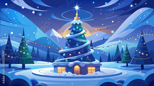 Christmas tree, snow globe, winter wonderland scene, festive holiday vector