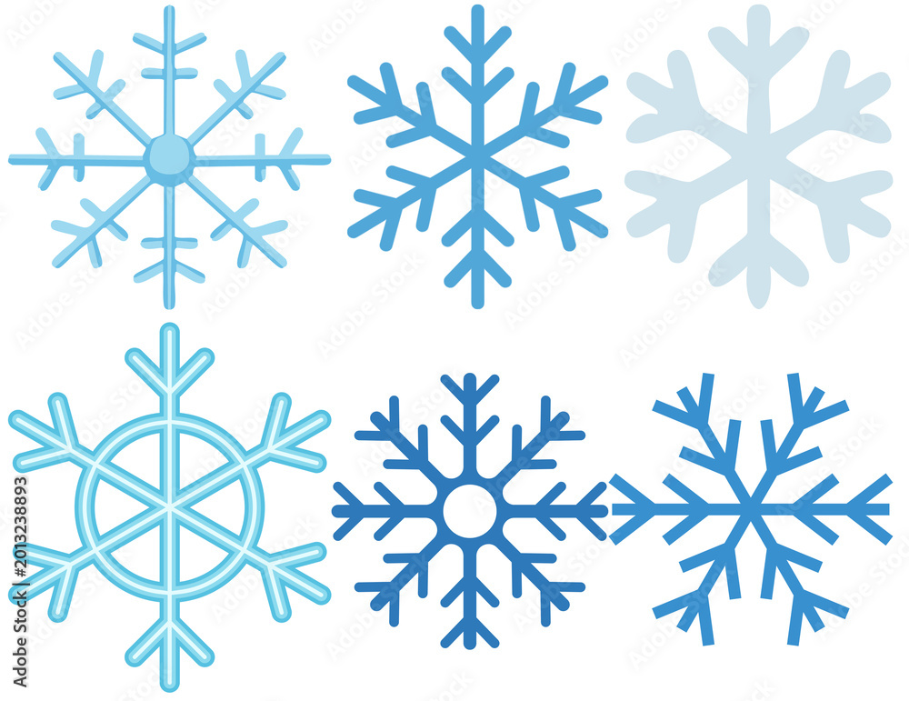 Fototapeta premium Vector Illustration Set of Six Decorative Blue Snowflakes Isolated on White Background for Winter Holidays and Christmas Design Elements