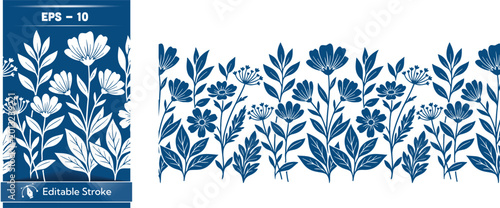 Blue and white floral pattern with leaves on fabric or wallpaper