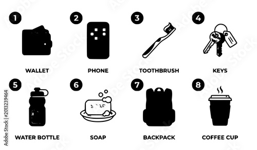 Bild auf Leinwand Daily Necessities Vector Icon Set Numbered Grid Everyday Lifestyle Illustration