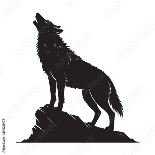 Fotografie Silhouette of a wolf howling from atop a rocky outcrop with black and white