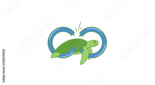 Schilderij op canvas Green turtle in blue infinity loop.