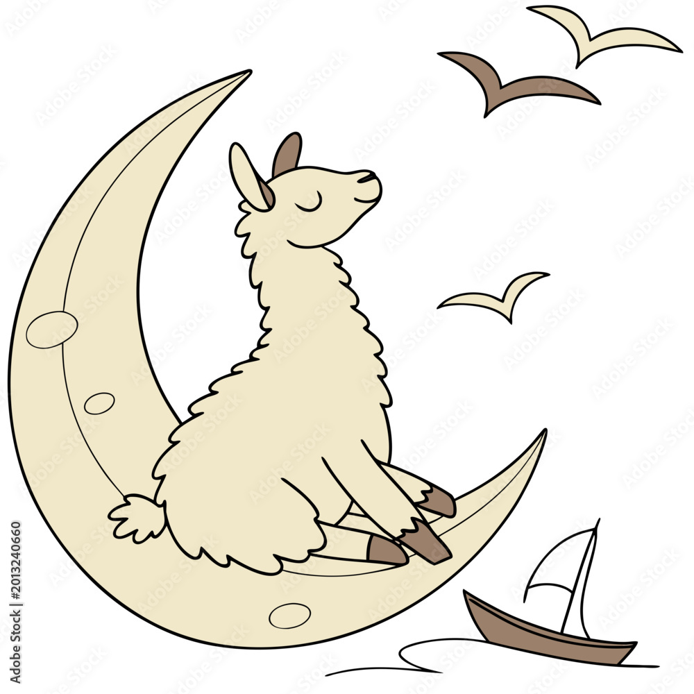 Fototapeta premium Creative SVG: Peaceful Alpaca with sitting on a moon in a Ocean Breeze colored Beach day theme