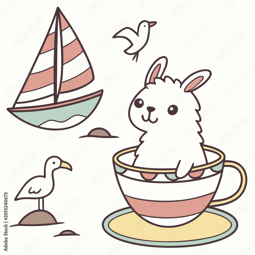 Fototapeta premium Vector illustration of a Dreamy Alpaca with in a teacup, styled in a Beach day theme using Ocean Breeze colors