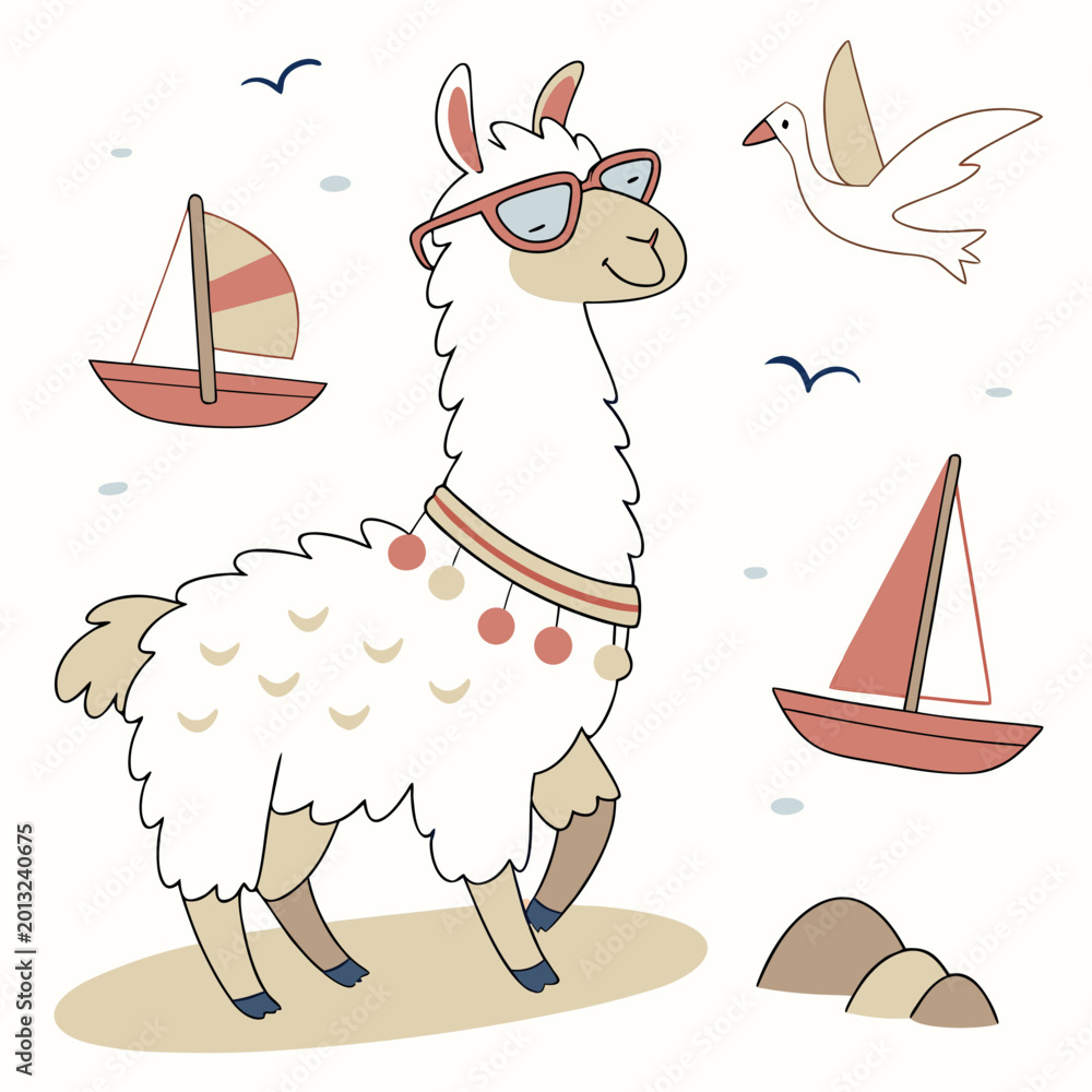 Fototapeta premium Silly expression on a Alpaca in a Beach day theme, with wearing glasses – Ocean Breeze vector art