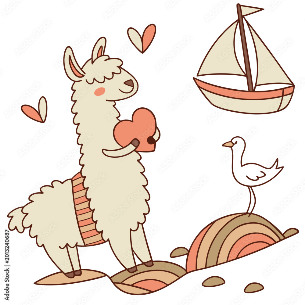 Fototapeta premium A Relaxed Alpaca with holding a heart in a Beach day theme – Ocean Breeze palette SVG illustration