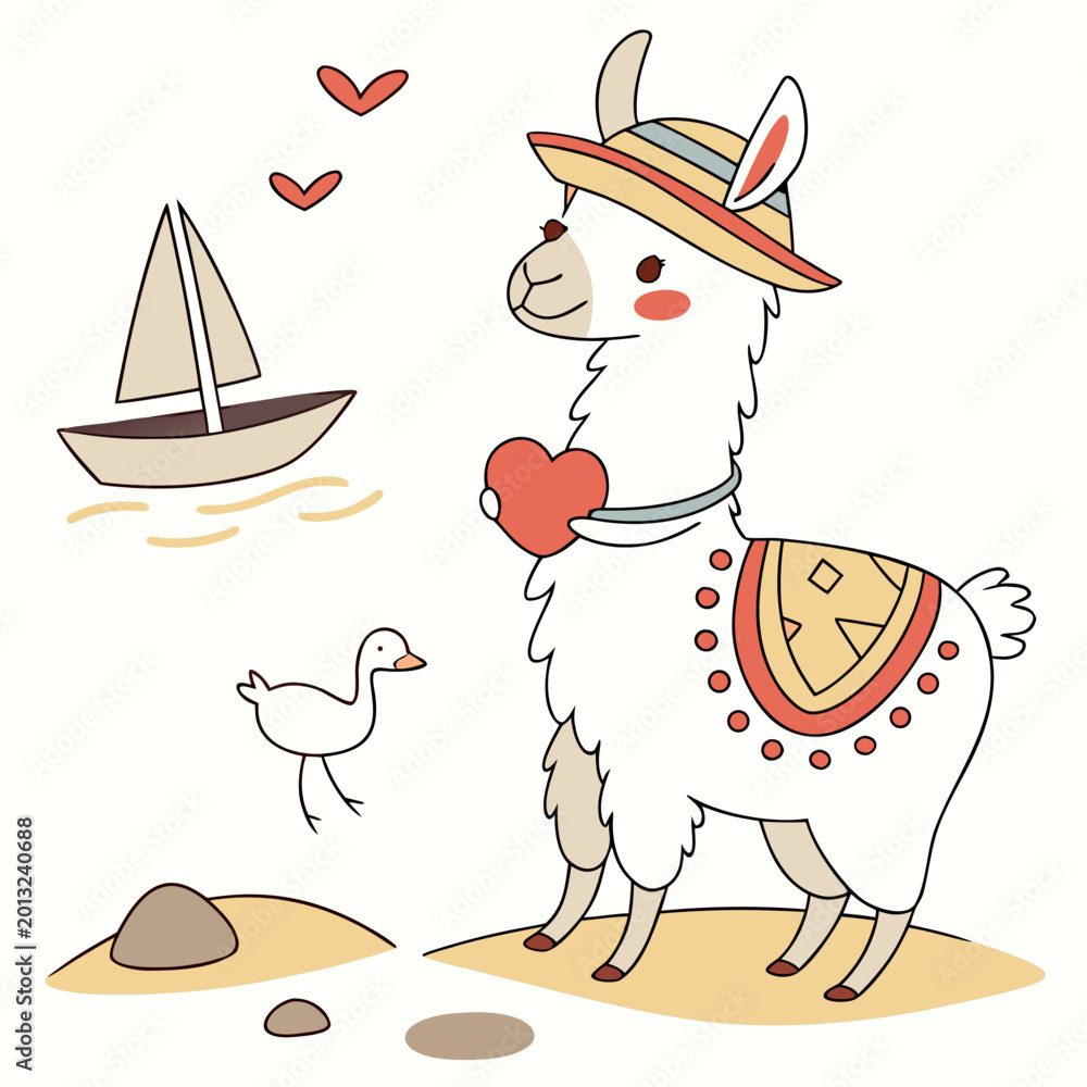 Fototapeta premium Vector illustration of a Funny Alpaca with holding a heart, styled in a Beach day theme using Ocean Breeze colors