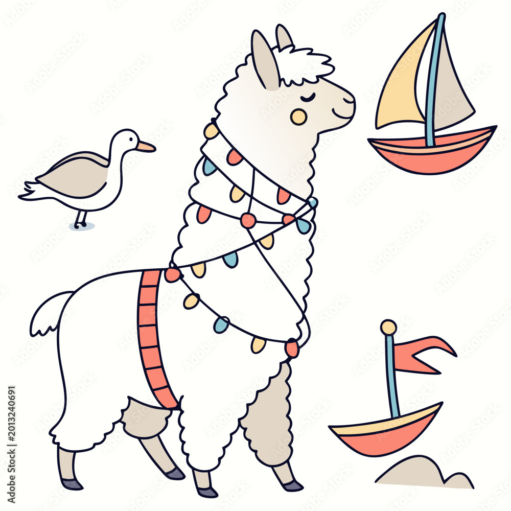 Fototapeta premium Delightful Grumpy Alpaca in a Beach day scene with wrapped in fairy lights – Ocean Breeze vector illustration