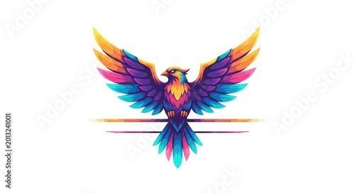 A bold black and white emblem showcases a stylized avian figure with expansive outstretched wings positioned over a clean horizontal element, sleek, artistic, icon