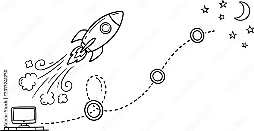 Obraz premium hand drawn startup growth rocket illustration with business launch trajectory digital progress and success journey sketch elements in minimal line style