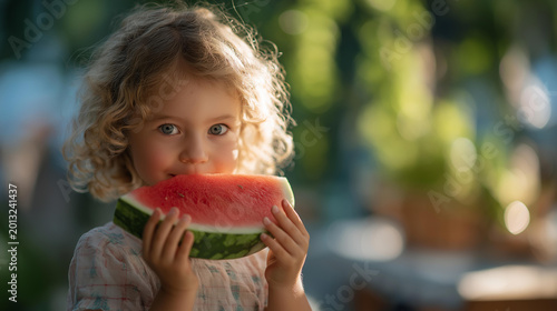 Little girl with curly hair holding a large slice of watermelon outdoors on a sunny day for a summer healthy eating and family lifestyle concept. Defocused outdoor background.