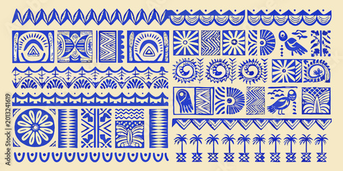 Foto folk art motif grid blue and white repeating pattern on beige