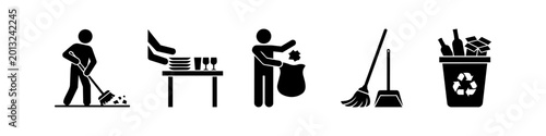 Tableau sur toile Set of black and white icons illustrating cleaning tasks like sweeping, clearing a table, putting trash in a bag, and recycling for waste management and housekeeping concepts