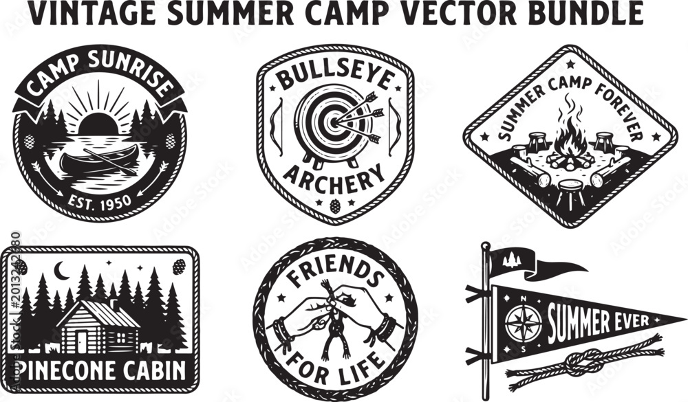Obraz premium Vintage summer camp vector bundle with various icons and illustrations