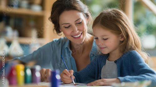 Faceless Caucasian woman looking proudly at her daughter during a homeschooling painting session at home in a family learning concept. Defocused home background. Homeschool