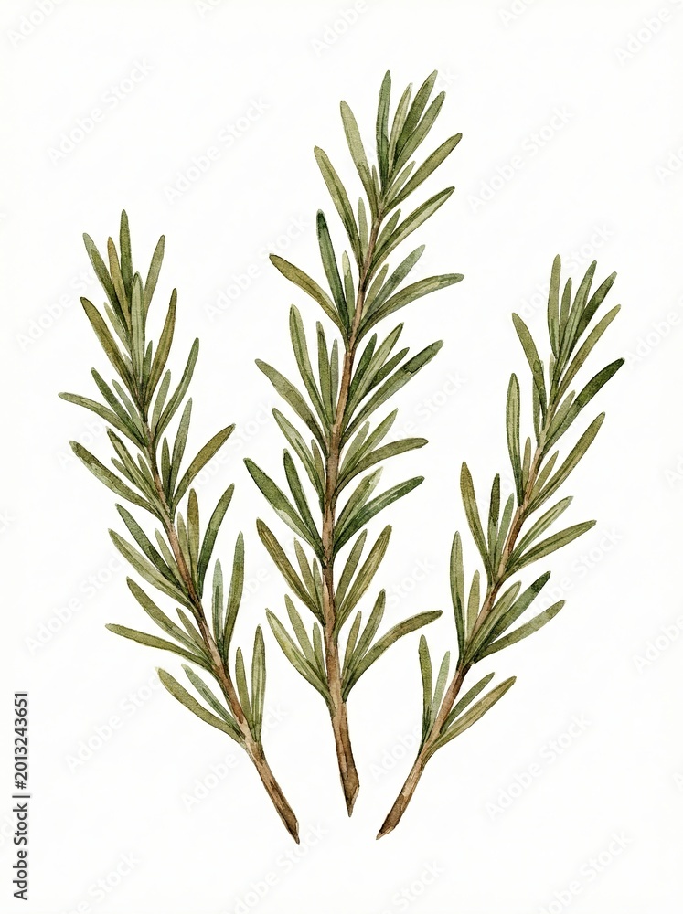 Obraz premium Detailed green rosemary stems watercolor illustration botanical herb art isolated on white background