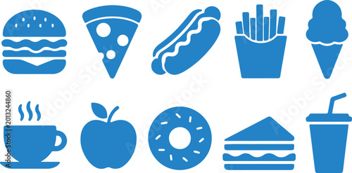 Food icons, blue vector set, restaurant symbols, meal signs