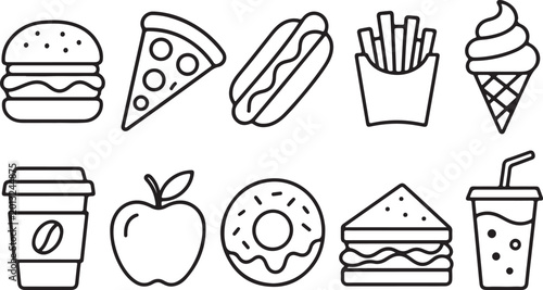 Food icons, fast food symbols, restaurant graphics, 10 black line illustrations
