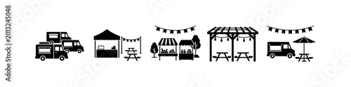 A collection of minimalist black silhouette icons for street food festivals, featuring food trucks, market stalls, picnic tables, and bunting for event planning and outdoor dining concepts.