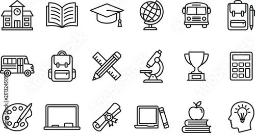 Cuadro en lienzo Education and Back to School Line Icon Set - Vector Schooling Symbols for Learning, Graduation, and Academic Success