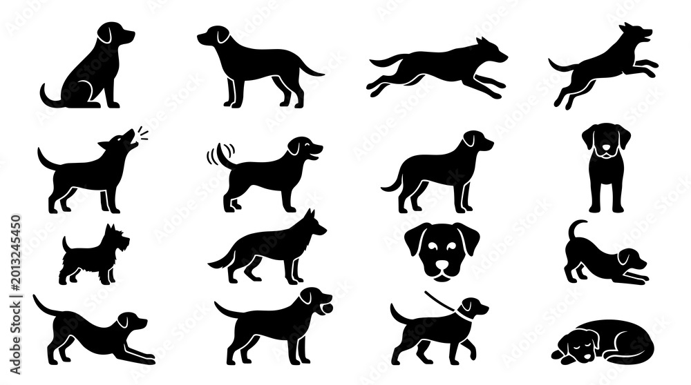 Fototapeta premium Black Silhouette Dog Pose Icon Set With Active Puppy Actions And Canine Lifestyle Symbols