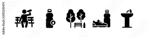 Φωτογραφία Set of black minimalist icons related to hydration, exercise, and public parks