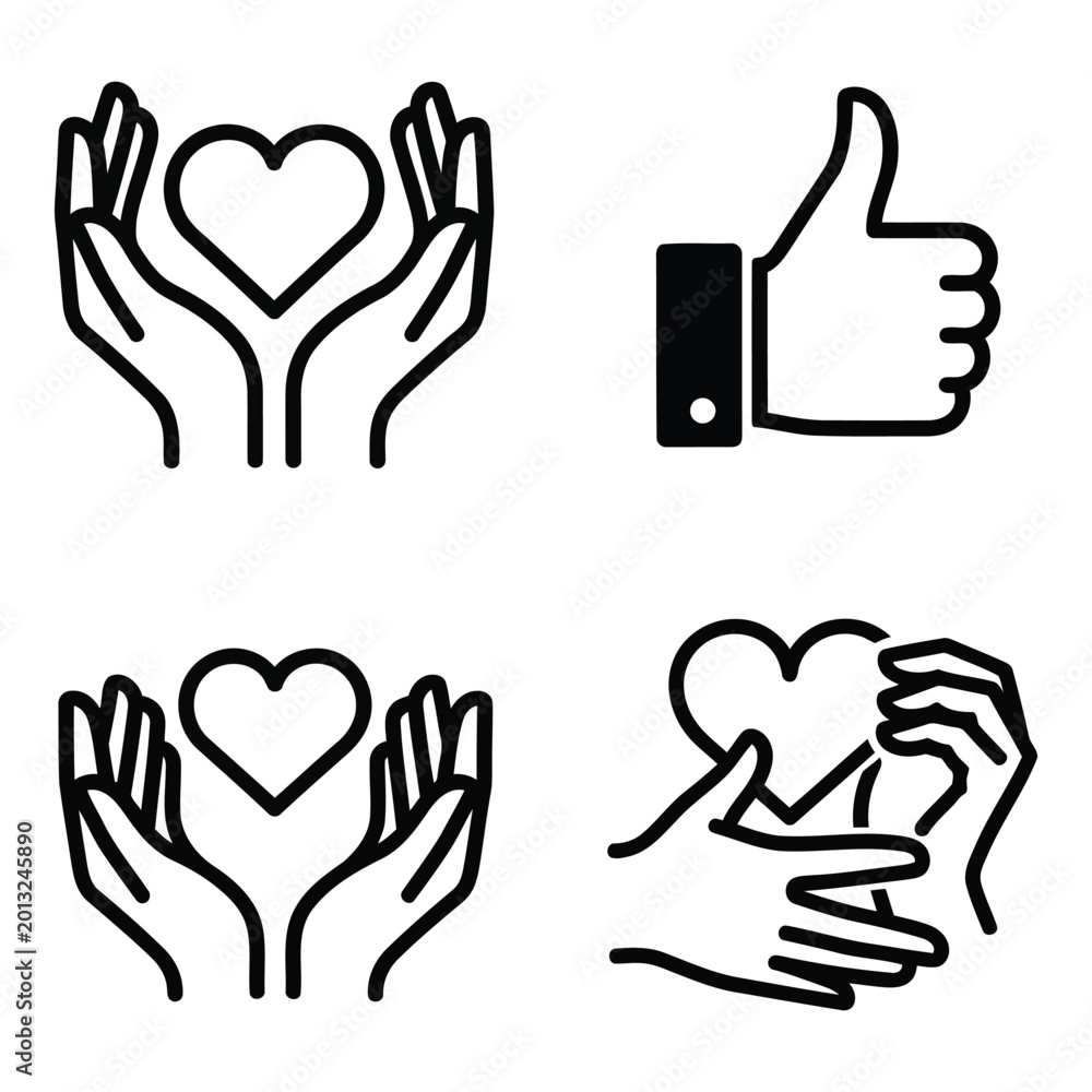 Fototapeta premium Hands holding heart icons, line art style, isolated on white background, symbolizing love and care