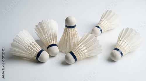 Professional badminton shuttlecock set arranged on a white background, minimalist sports equipment for recreation and leisure game