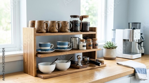 Coffee station shelf organizer with wooden mugs and espresso beans for home cafe, barista kitchen storage set. High resolution