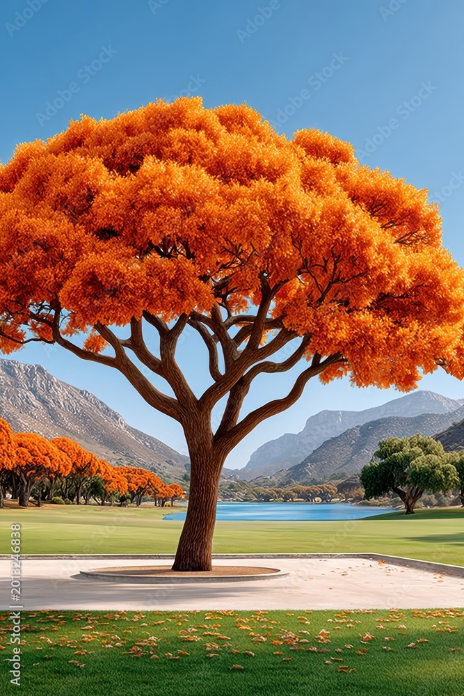 Fototapeta premium Autumn tree with bright orange foliage by a calm lake and distant mountains in scenic landscape