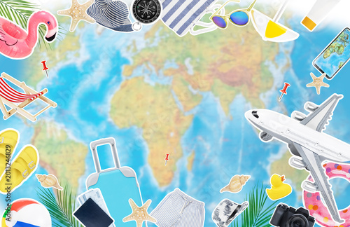 Travel Collage on World Map with Vacation Elements