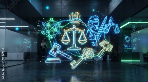 Futuristic legal services concept featuring a collection of glowing digital icons and abstract symbols for justice floating in a