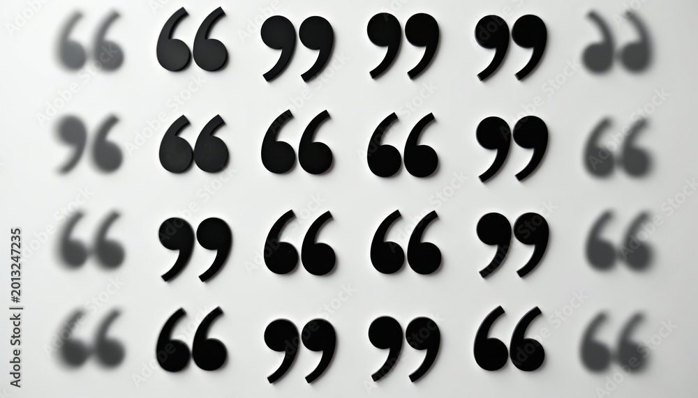 Fototapeta premium Black quotation marks arranged in rows on a white background. Various punctuation symbols include opening and closing quotes. Simple text elements for citations.