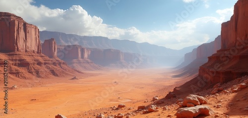 Vast desert canyon with red rock formations under blue sky and clouds. Dry orange earth stretches to distant mountains. Arid remote wilderness scene.