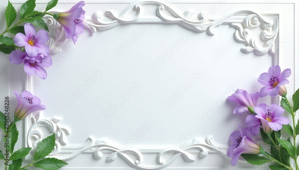 Naklejka premium White ornate frame with purple flowers and green leaves. Decorative border design for invitations cards and wedding templates. Elegant floral background for romantic celebration.