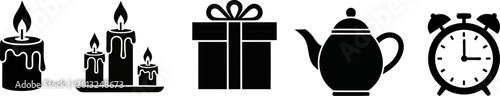 Black Household and Lifestyle Icon Set with Candle Gift Teapot and Alarm Clock Symbols