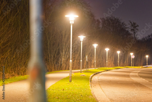Obraz na płótnie Nighttime street lamps lighting a curved road and pathway with trees in the back