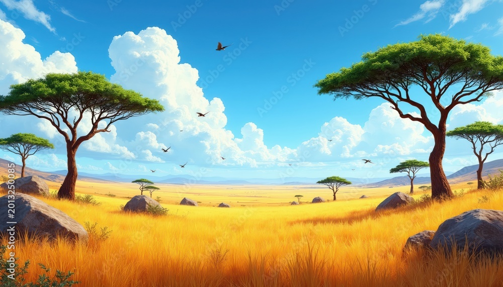 Fototapeta premium Vast African savanna grassland under a bright blue sky with fluffy white clouds. Acacia trees and large boulders dot the golden terrain. Birds fly gracefully across the open, sunlit horizon.