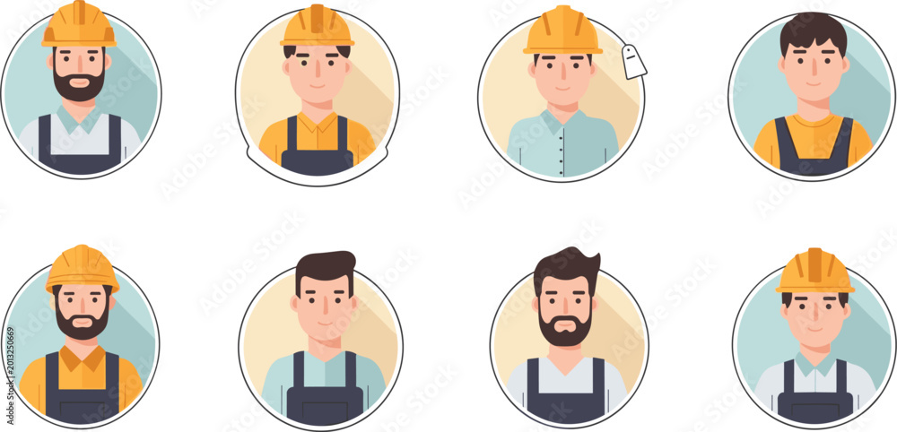 Fototapeta premium Construction Worker Avatars Set with Helmets and Safety Gear for Industry, Labor, and Professional Roles