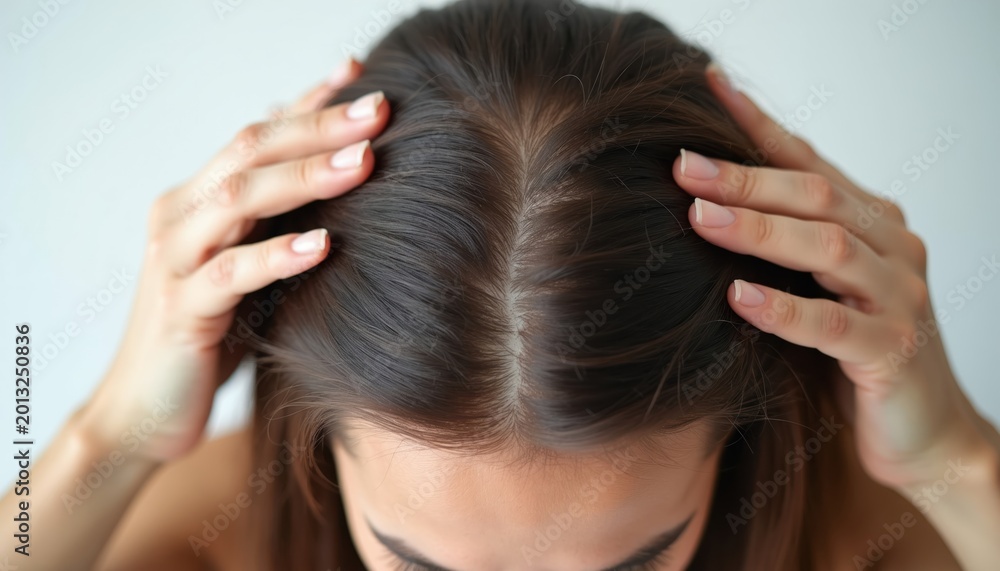 Naklejka premium Young woman checks scalp for hair thinning. Her hands spread dark hair, showing bald spots. She looks worried about hair loss and poor hair growth. Concern for hair problems.