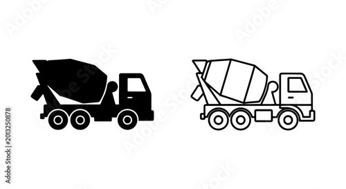 Foto Cement mixer truck icons, black and white, construction vehicles, transportation