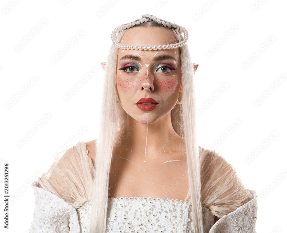 Fototapeta premium Portrait of beautiful elf girl on white background