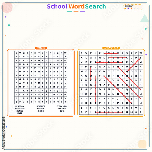 School word search puzzle with highlighted answers and grid layout  