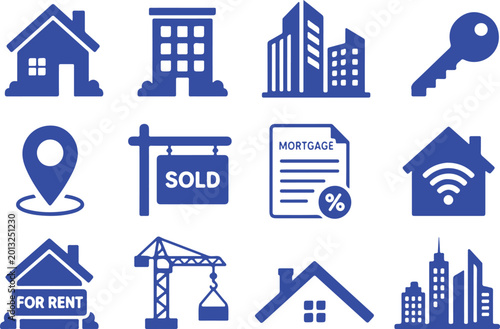 Real Estate Icons, Property Symbols, House, Building, Mortgage, Rental, Vector Graphics