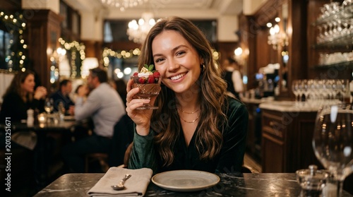 Beautiful young woman presenting a dessert cup close to her face, elegant café environment, soft cinematic lighting